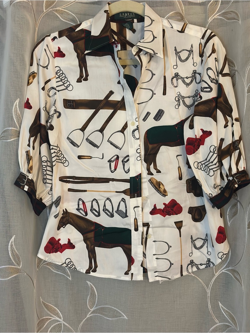 Lauren Ralph Lauren Equestrian Horse Tack Print Shirt Petite S